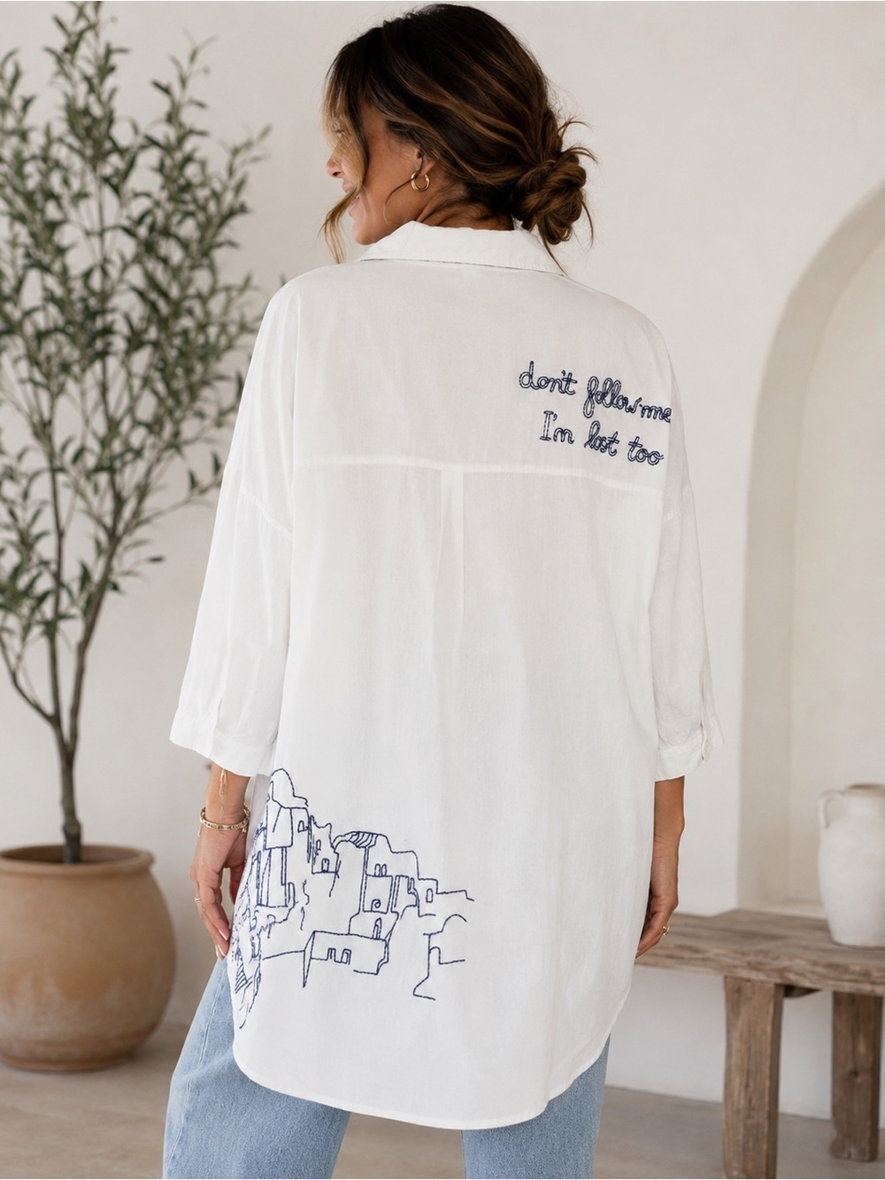 Allihop One Size White Embroidered Shirt Don’t Follow Me I’m Lost Too Oversized